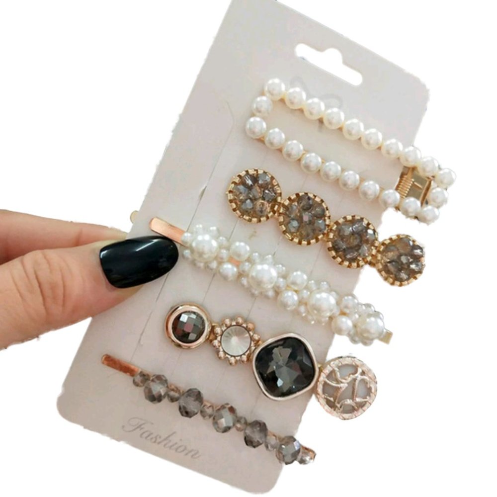Black Crystal and Pearl Hair Pins & Clips Set of 5